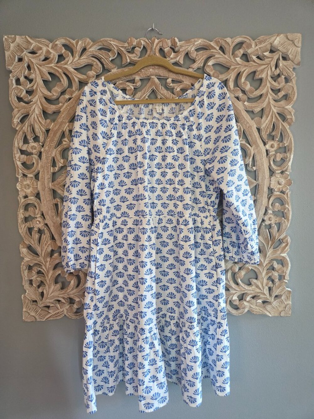 JCrew long sleeve tiered mini dress cotton blue white shell pattern size 18